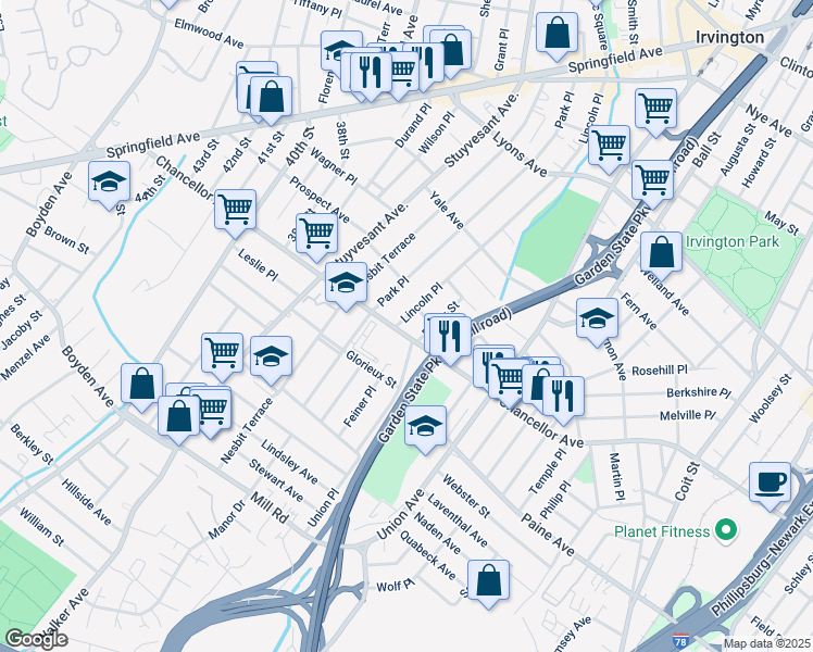 map of restaurants, bars, coffee shops, grocery stores, and more near 801 Chancellor Avenue in Irvington