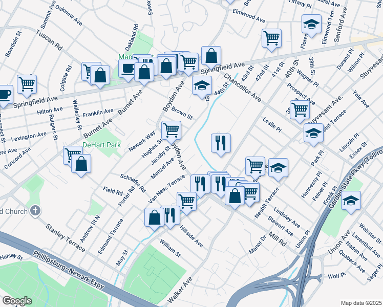 map of restaurants, bars, coffee shops, grocery stores, and more near 13 Nelson Place in Maplewood