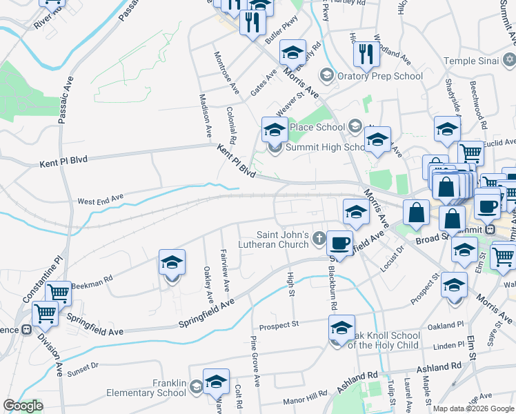 map of restaurants, bars, coffee shops, grocery stores, and more near 5 Beekman Road in Summit