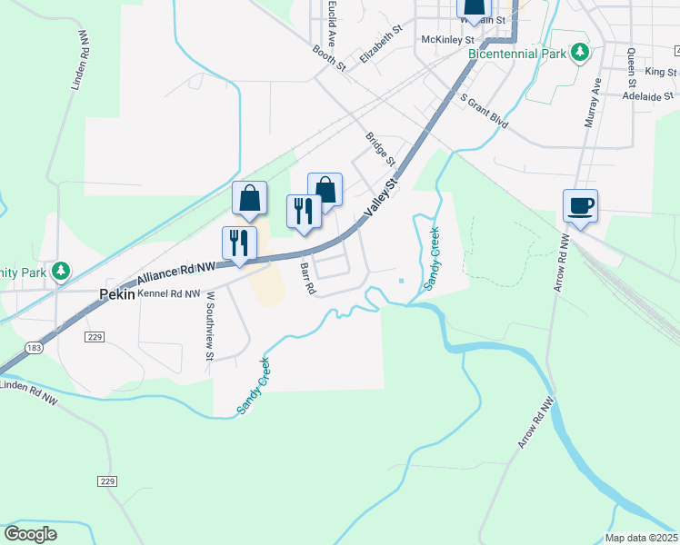 map of restaurants, bars, coffee shops, grocery stores, and more near 100-998 South Sandyvale Drive in Minerva