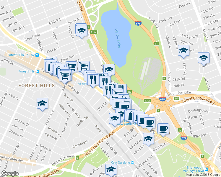 map of restaurants, bars, coffee shops, grocery stores, and more near 113th St & 76th Rd in Queens