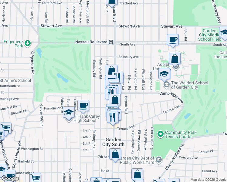 map of restaurants, bars, coffee shops, grocery stores, and more near 114 Cambridge Avenue in Garden City