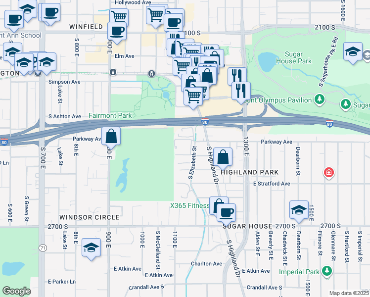 map of restaurants, bars, coffee shops, grocery stores, and more near 2430 South Elizabeth Street in Salt Lake City