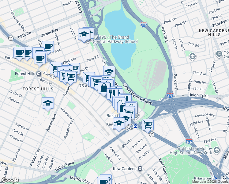 map of restaurants, bars, coffee shops, grocery stores, and more near 76-26 113th Street in Queens