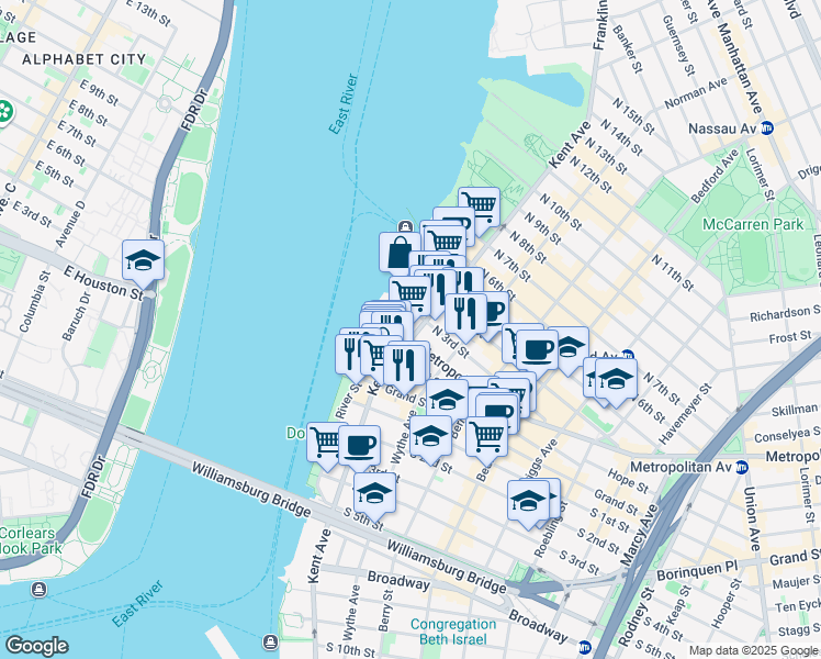 map of restaurants, bars, coffee shops, grocery stores, and more near 38 Metropolitan Avenue in Brooklyn