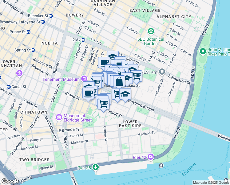 map of restaurants, bars, coffee shops, grocery stores, and more near 137 Clinton Street in New York