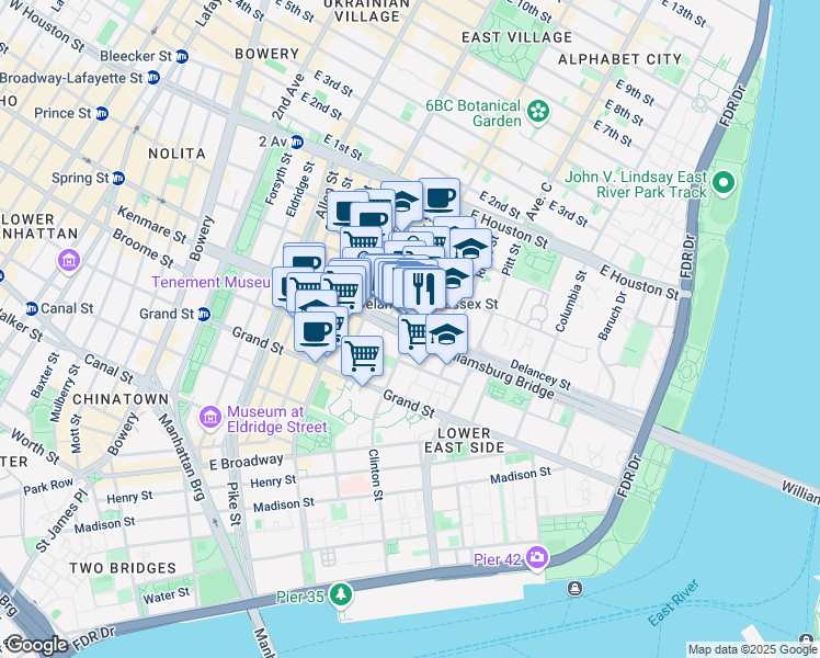 map of restaurants, bars, coffee shops, grocery stores, and more near 137 Clinton Street in New York