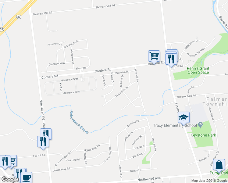 map of restaurants, bars, coffee shops, grocery stores, and more near 116 Scotty Drive in Easton