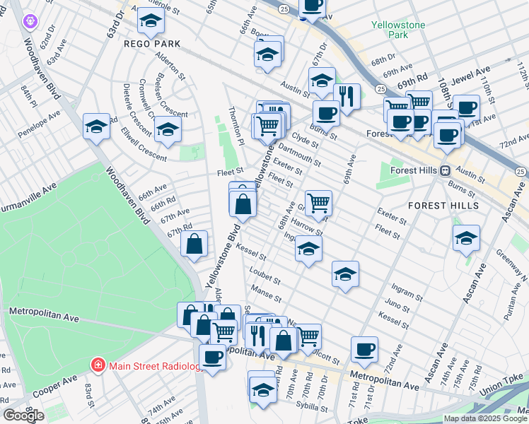 map of restaurants, bars, coffee shops, grocery stores, and more near 67-47 Ingram Street in Queens
