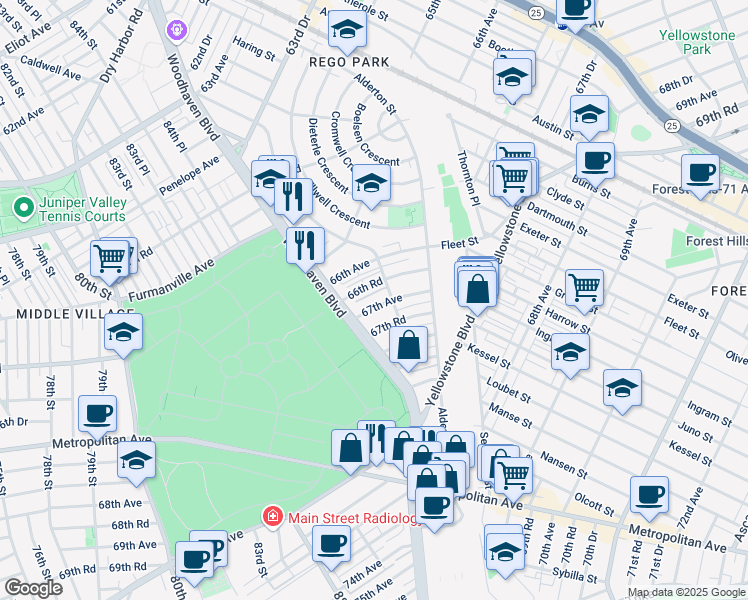 map of restaurants, bars, coffee shops, grocery stores, and more near 25 67th Avenue in Queens