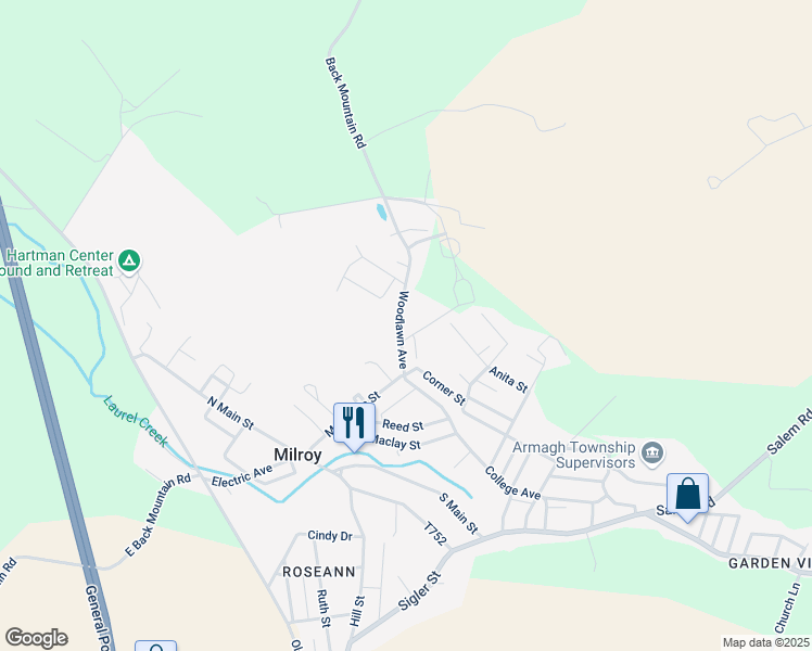 map of restaurants, bars, coffee shops, grocery stores, and more near 46 Woodlawn Avenue in Milroy