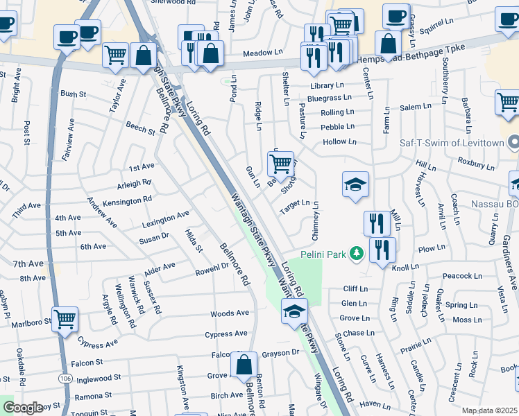 map of restaurants, bars, coffee shops, grocery stores, and more near 195 Loring Road in Levittown