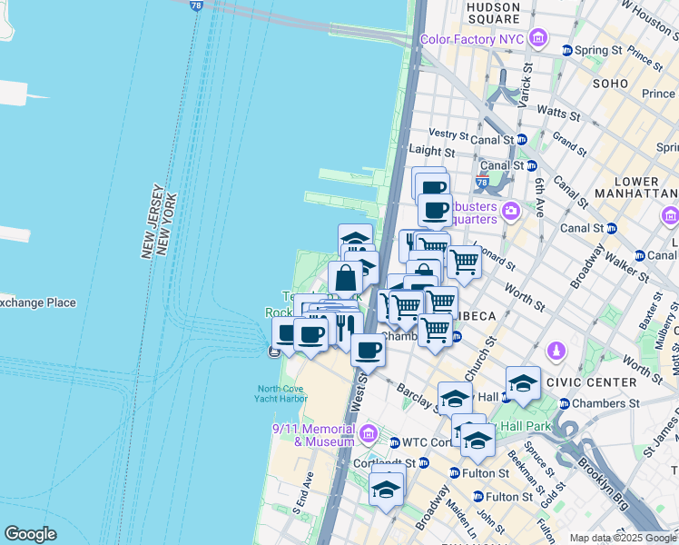 map of restaurants, bars, coffee shops, grocery stores, and more near 400 Chambers Street in New York