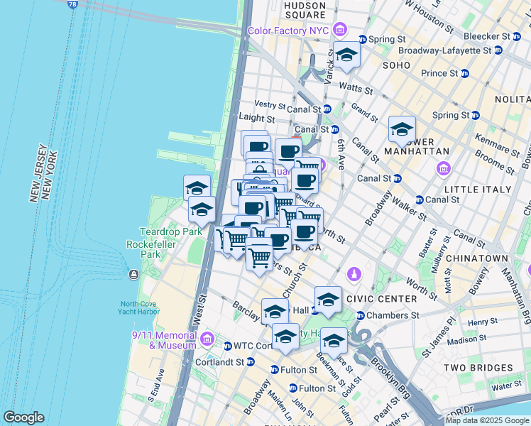 map of restaurants, bars, coffee shops, grocery stores, and more near 165 Duane Street in New York