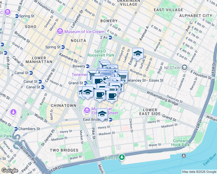 map of restaurants, bars, coffee shops, grocery stores, and more near 80 Orchard Street in New York
