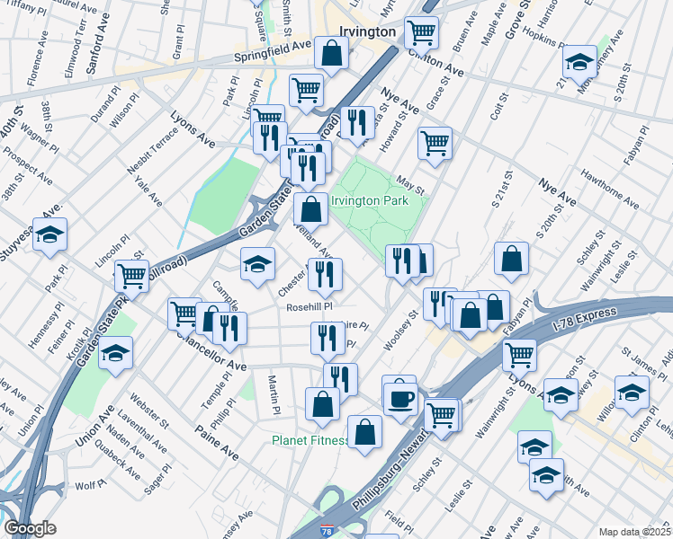 map of restaurants, bars, coffee shops, grocery stores, and more near 61-67 Welland Avenue in Irvington