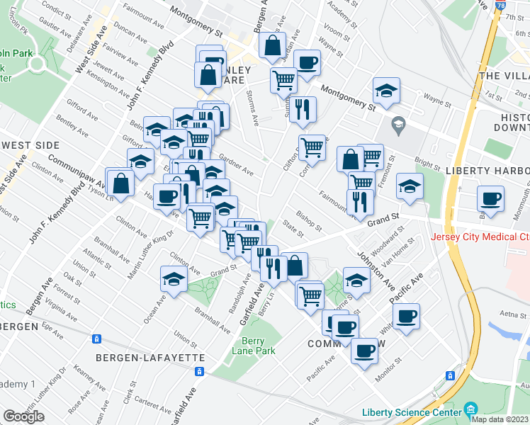 map of restaurants, bars, coffee shops, grocery stores, and more near 70 Summit Avenue in Jersey City