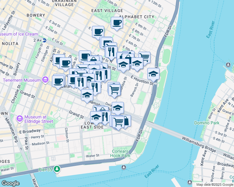 map of restaurants, bars, coffee shops, grocery stores, and more near 75 Columbia Street in New York