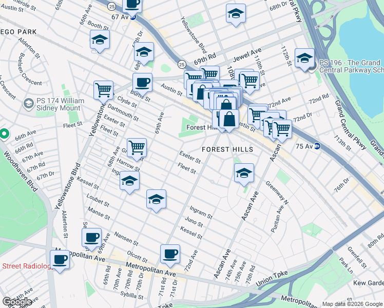 map of restaurants, bars, coffee shops, grocery stores, and more near 27 Exeter Street in Queens