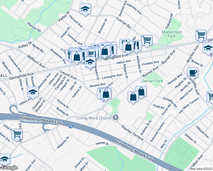map of restaurants, bars, coffee shops, grocery stores, and more near 62 Concord Avenue in Maplewood