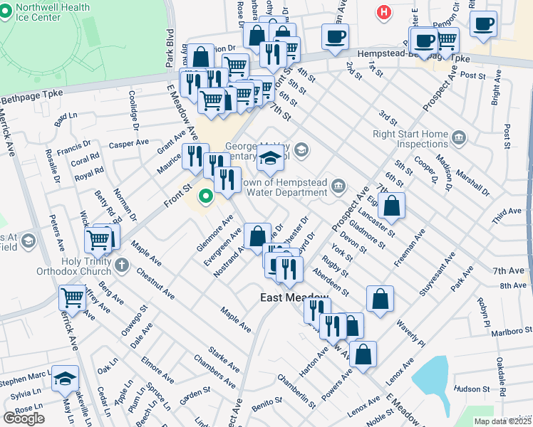 map of restaurants, bars, coffee shops, grocery stores, and more near 1820 Lincoln Avenue in East Meadow