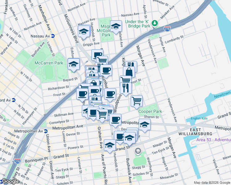 map of restaurants, bars, coffee shops, grocery stores, and more near 222 Withers Street in Brooklyn