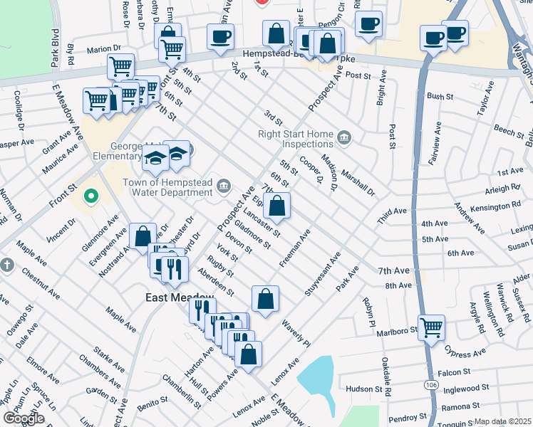 map of restaurants, bars, coffee shops, grocery stores, and more near in East Meadow
