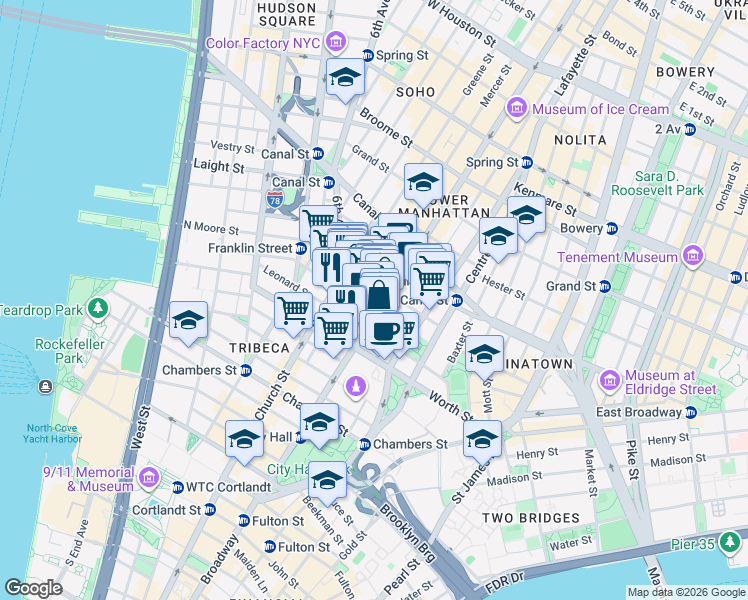 map of restaurants, bars, coffee shops, grocery stores, and more near 51-53 White Street in New York