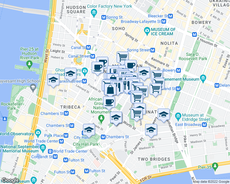 map of restaurants, bars, coffee shops, grocery stores, and more near 72 White Street in Clinton