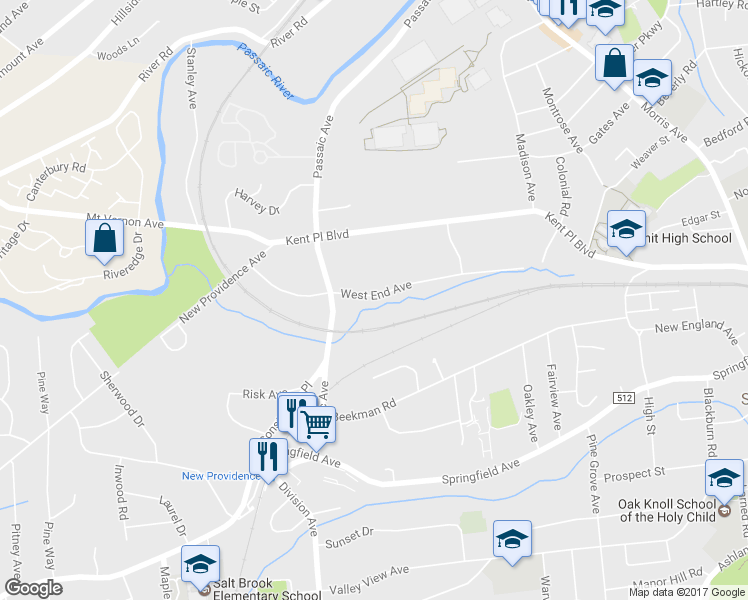 map of restaurants, bars, coffee shops, grocery stores, and more near 59 West End Ave in Summit