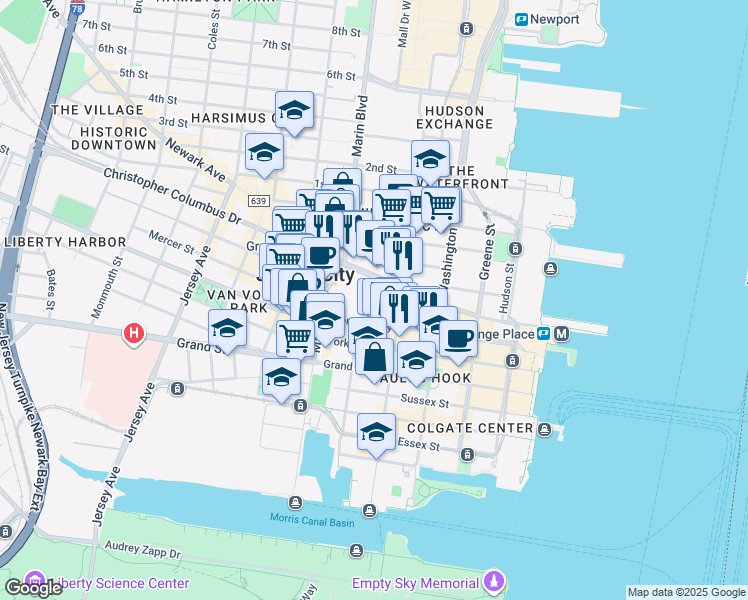 map of restaurants, bars, coffee shops, grocery stores, and more near 128 Montgomery Street in Jersey City