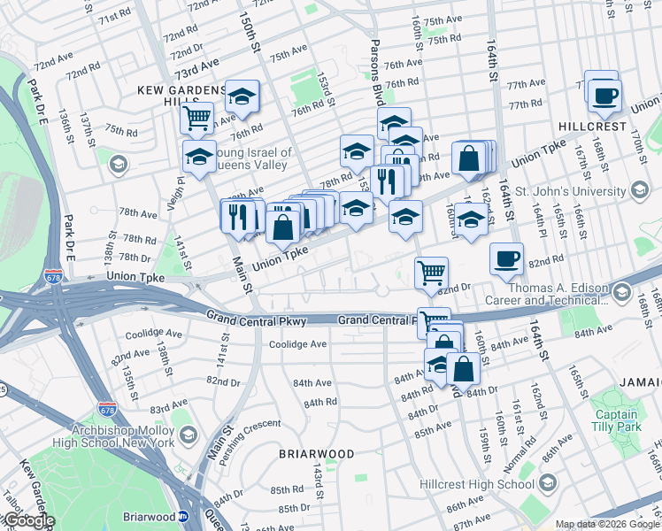 map of restaurants, bars, coffee shops, grocery stores, and more near 147-36 Charter Road in Queens