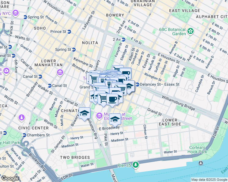 map of restaurants, bars, coffee shops, grocery stores, and more near 111 Eldridge Street in New York