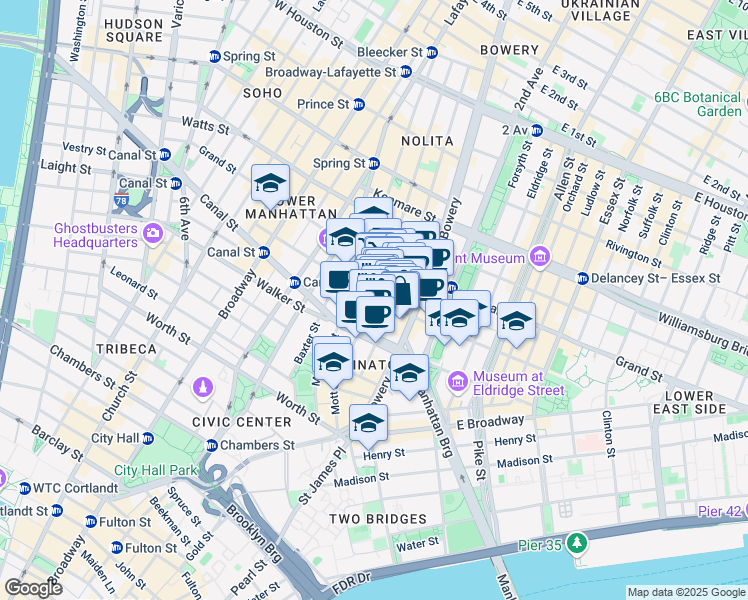 map of restaurants, bars, coffee shops, grocery stores, and more near Mott St & Hester St in New York