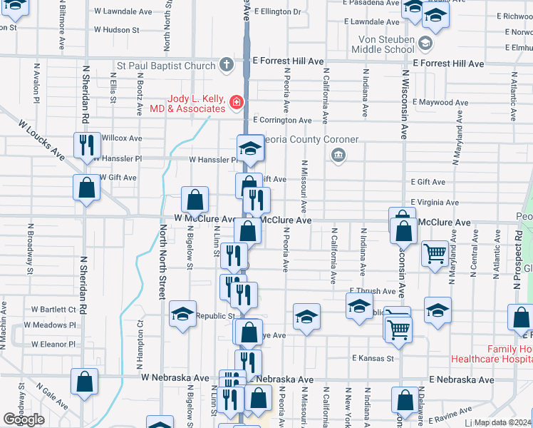 map of restaurants, bars, coffee shops, grocery stores, and more near 119 East McClure Avenue in Peoria