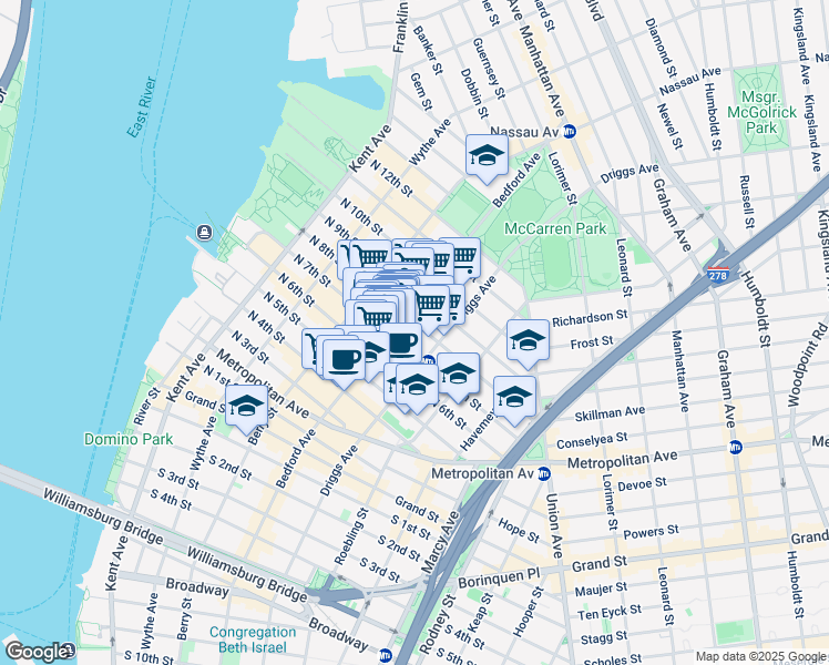 map of restaurants, bars, coffee shops, grocery stores, and more near 184 Bedford Avenue in Brooklyn