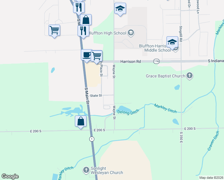 map of restaurants, bars, coffee shops, grocery stores, and more near 1712 Wayne Street in Bluffton