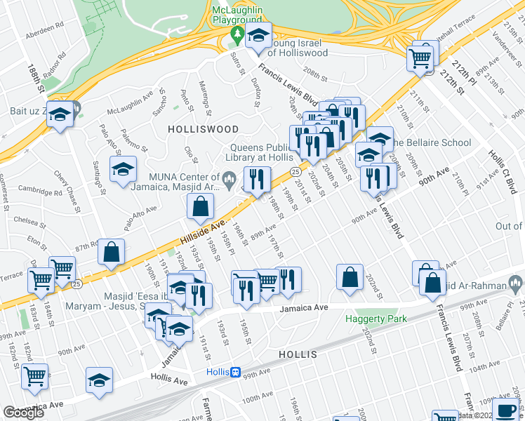 map of restaurants, bars, coffee shops, grocery stores, and more near 88-19 197th Street in Queens