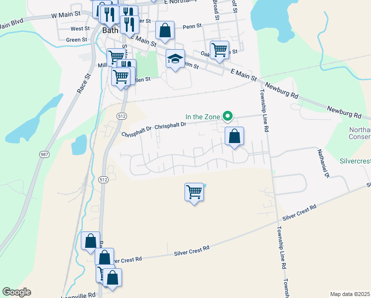map of restaurants, bars, coffee shops, grocery stores, and more near 98 Quail Court in Bath