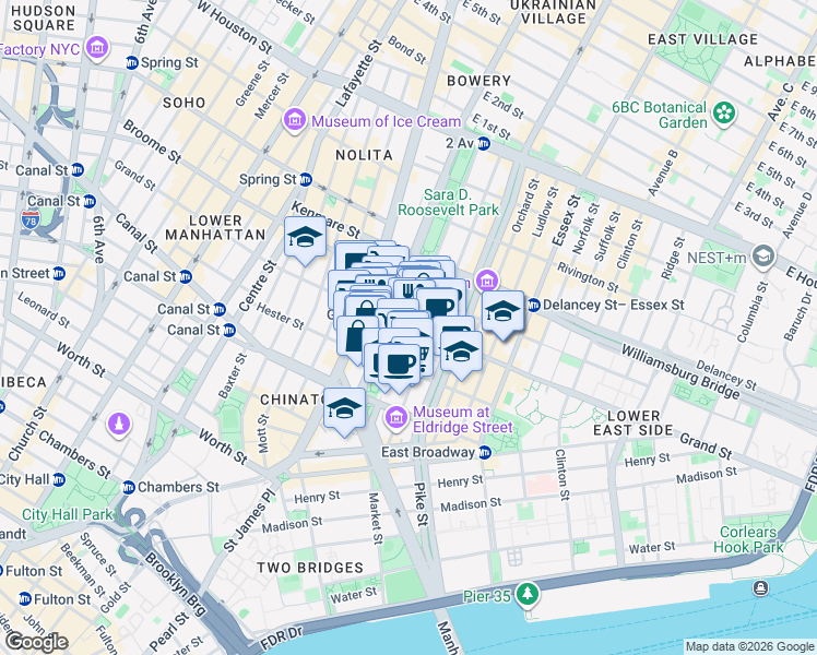 map of restaurants, bars, coffee shops, grocery stores, and more near Grand Street & Forsyth Street in New York