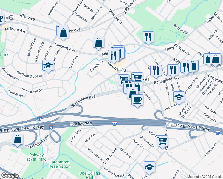 map of restaurants, bars, coffee shops, grocery stores, and more near 2299 Springfield Avenue in Union
