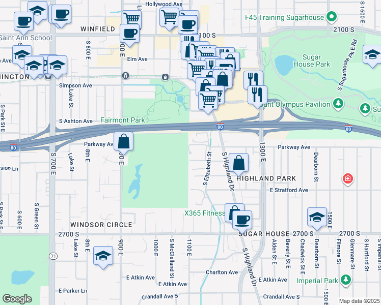 map of restaurants, bars, coffee shops, grocery stores, and more near 2434 South Elizabeth Street in Salt Lake City