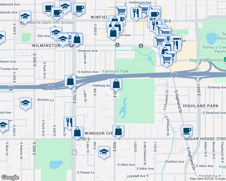 map of restaurants, bars, coffee shops, grocery stores, and more near 2446 900 East in Salt Lake City
