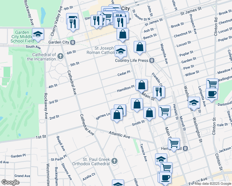 map of restaurants, bars, coffee shops, grocery stores, and more near 101 2nd Street in Garden City