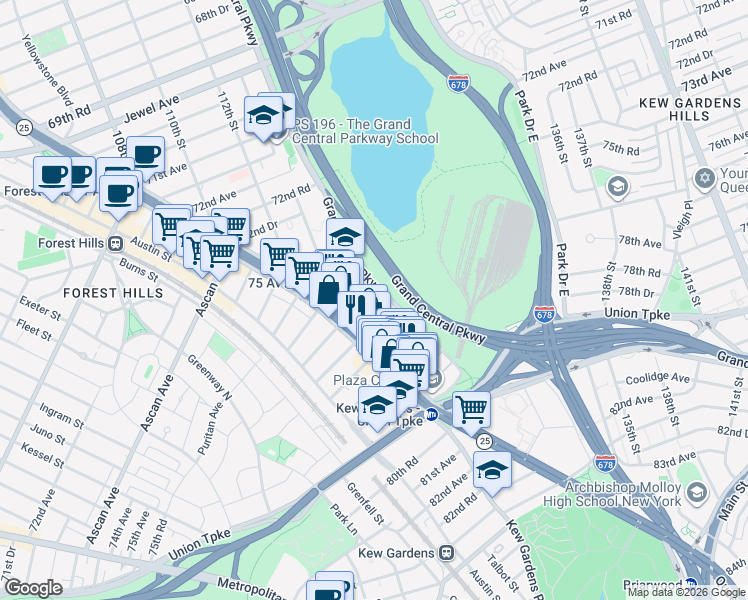 map of restaurants, bars, coffee shops, grocery stores, and more near 76-30 Grand Central Parkway in Queens