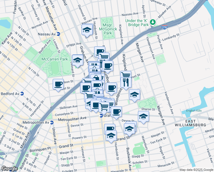 map of restaurants, bars, coffee shops, grocery stores, and more near 189 Withers Street in Brooklyn