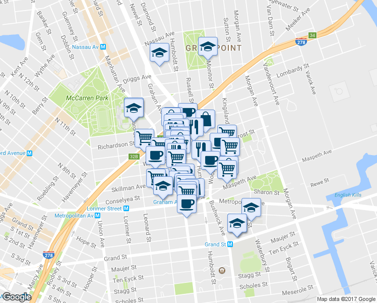 map of restaurants, bars, coffee shops, grocery stores, and more near 189 Withers Street in Brooklyn