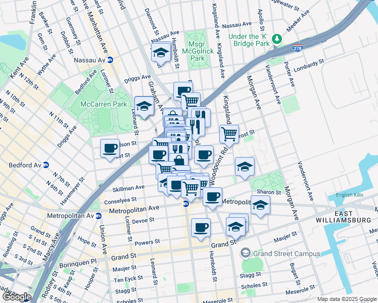 map of restaurants, bars, coffee shops, grocery stores, and more near 189 Withers Street in Brooklyn