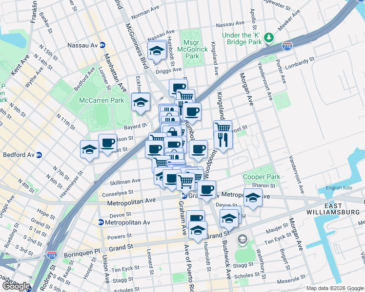 map of restaurants, bars, coffee shops, grocery stores, and more near in Brooklyn