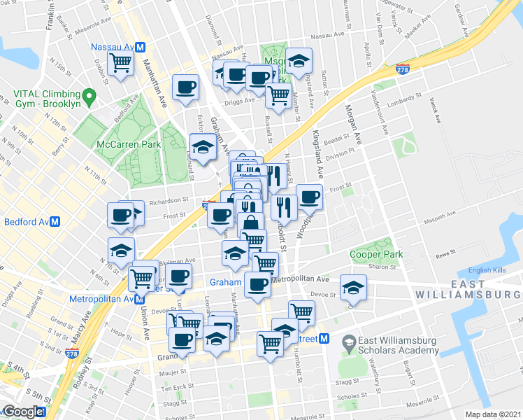 map of restaurants, bars, coffee shops, grocery stores, and more near 189 Withers Street in Brooklyn